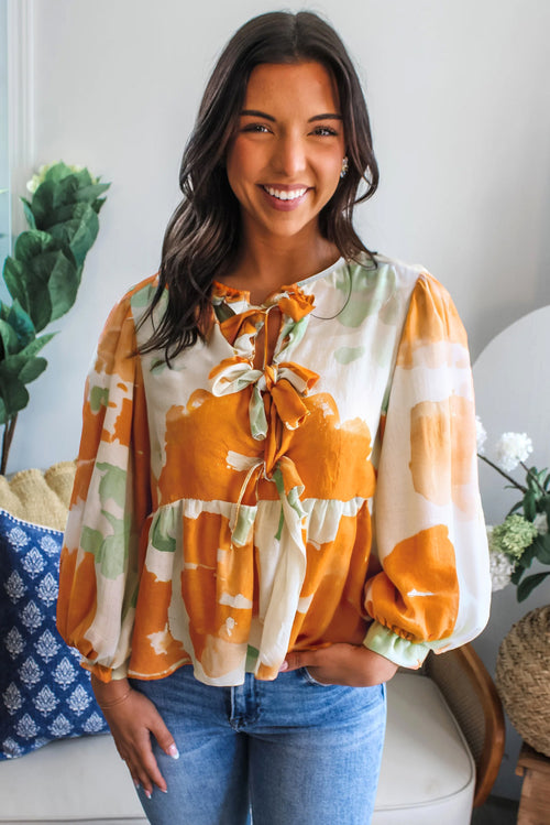 Carrot Abstract Print Bubble Sleeve Bow Front Top