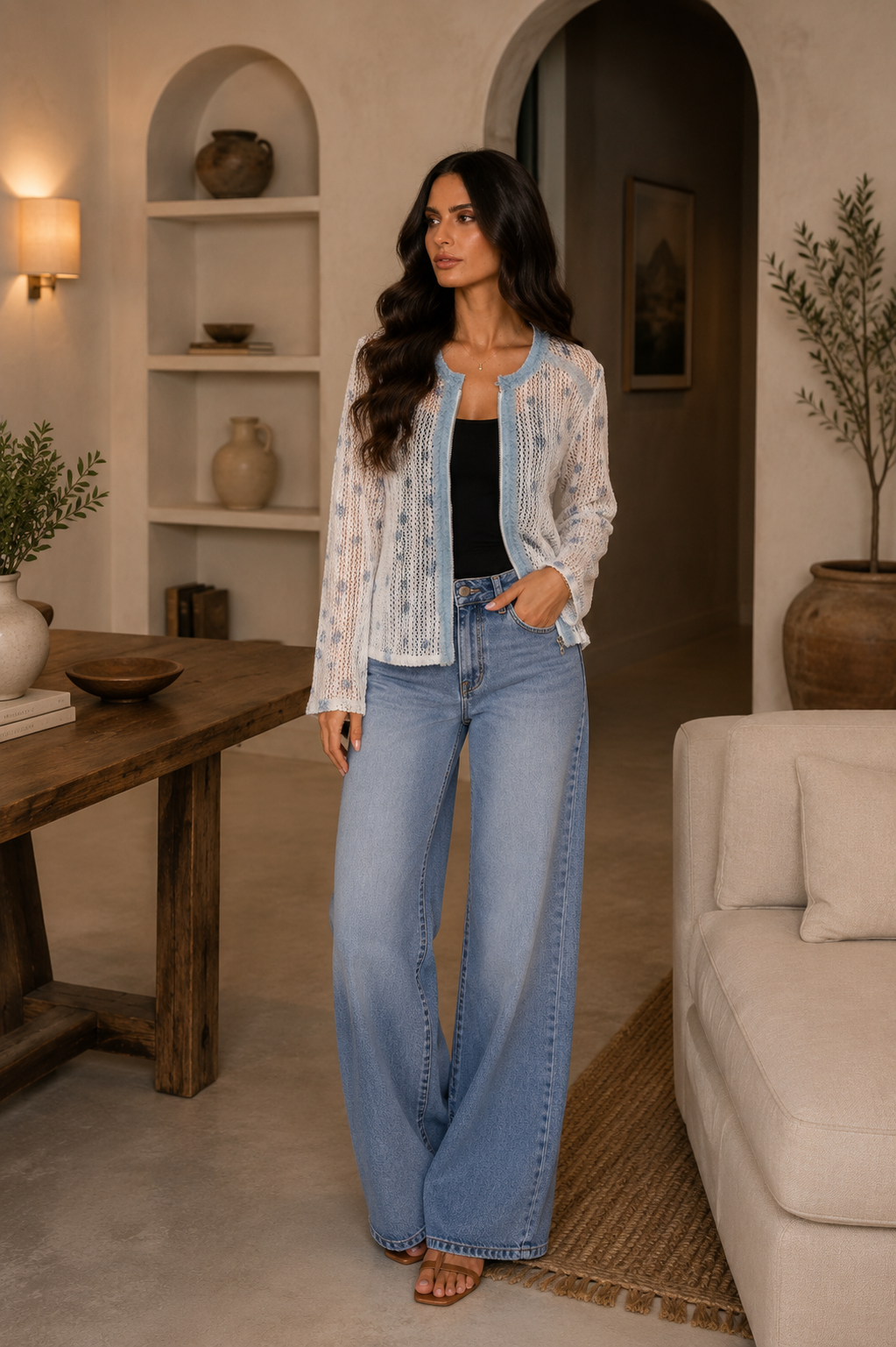 Adore - L3702-2 Sheer Knit Zip-Front Jacket with Denim Trim