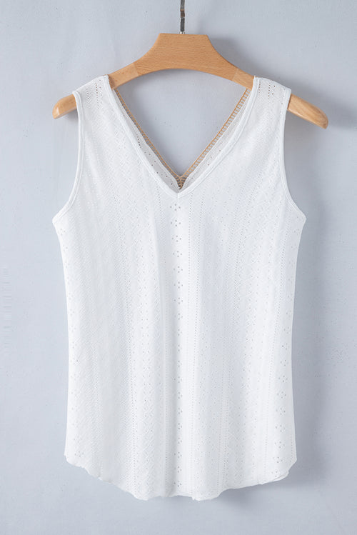 White Lace Crochet Splicing Eyelet V Neck Tank Top