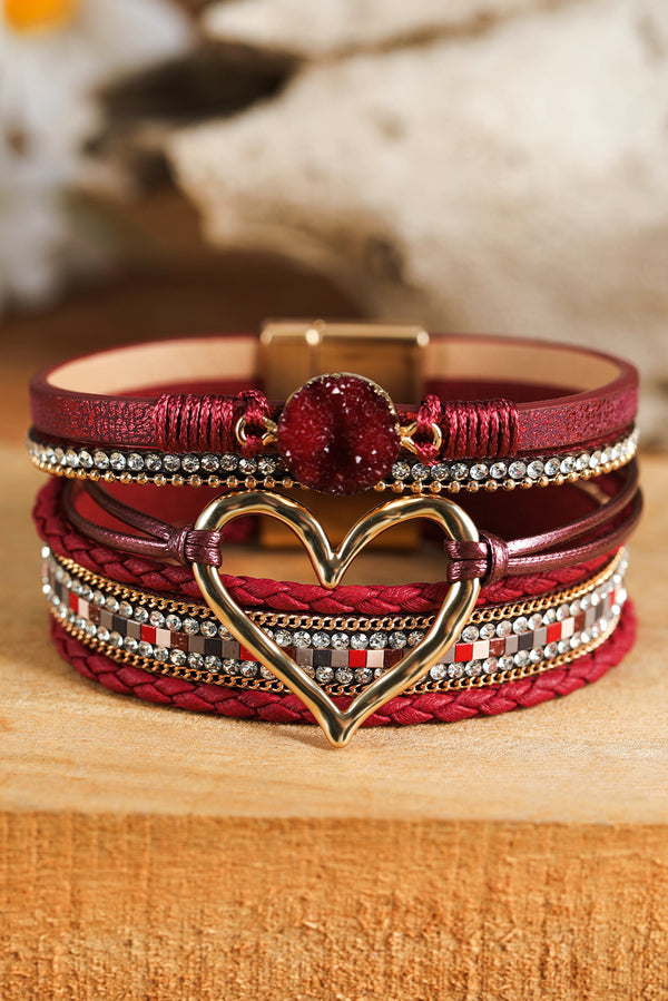 Fiery Red Valentine Rhinestone Heart Layered Bracelet