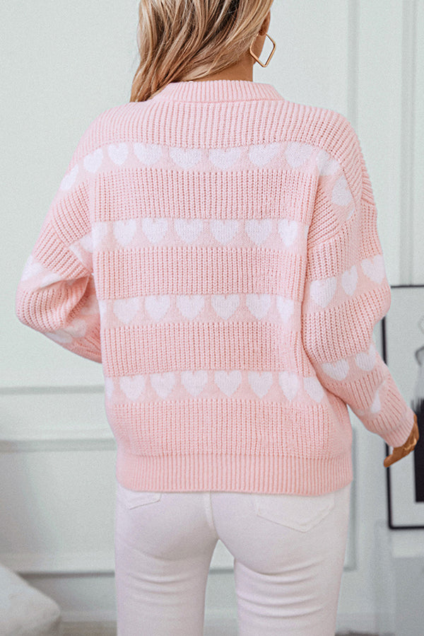 Light Pink Heart Print Round Neck Casual Knit Sweater