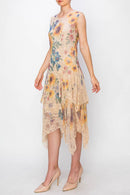 Origami Apparel ~  Lace and Crochet inspired - OLS-4609 TAUPE SUNFLOWER DRESS