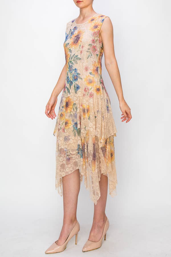 Origami Apparel ~  Lace and Crochet inspired - OLS-4609 TAUPE SUNFLOWER DRESS