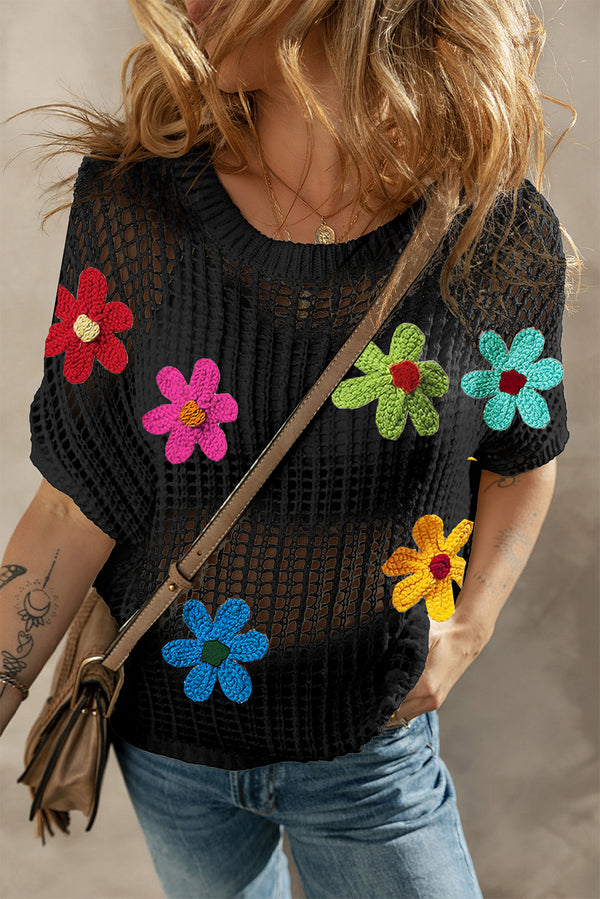 Light Beige Hollowed Crochet Colorful Flower Loose Knit T Shirt