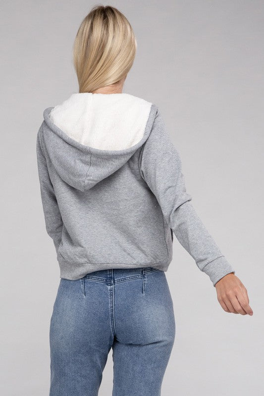 Fuzzy Trim Zip-Up Crop Hoodie