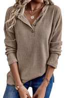 Khaki Drop Shoulder Ribbed Knit Long Sleeve Henley Top