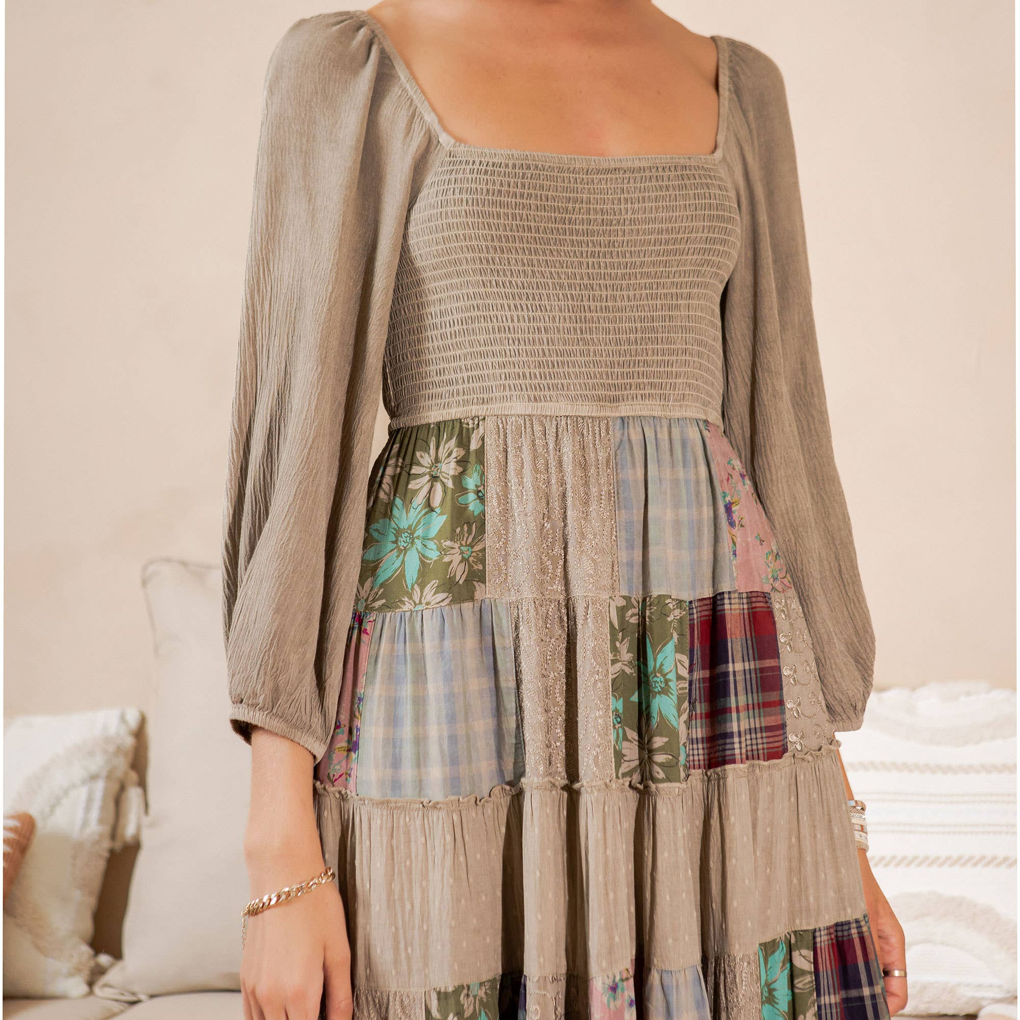 Young Threads - Rustic Bohemian: Smocked Patchwork Maxi Dress - New