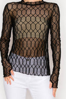 Origami Apparel ~  Lace and Crochet inspired - Sheer Lattice Mesh Long Sleeve Blouse - OLS-4866 BK