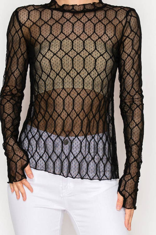 Origami Apparel ~  Lace and Crochet inspired - Sheer Lattice Mesh Long Sleeve Blouse - OLS-4866 BK