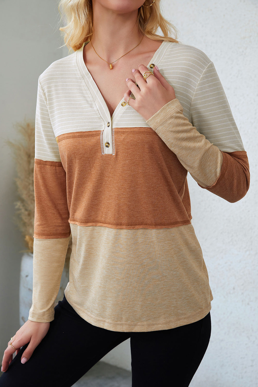 Orange Striped Color Block Casual V Neck Henley Top