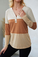 Orange Striped Color Block Casual V Neck Henley Top