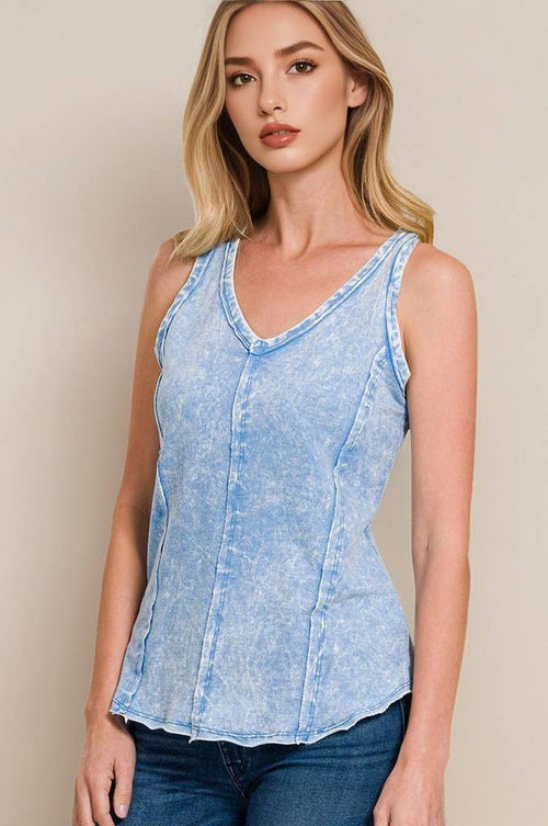 42POPS - `.FRENCH TERRY CRINKLE WASHED RAW EDGE V-NECK SLEEVEL