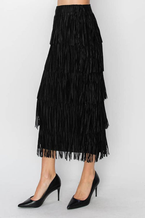 Origami Apparel ~  Multi Layered Fringed Black Midi Skirt - OLS-4794BK