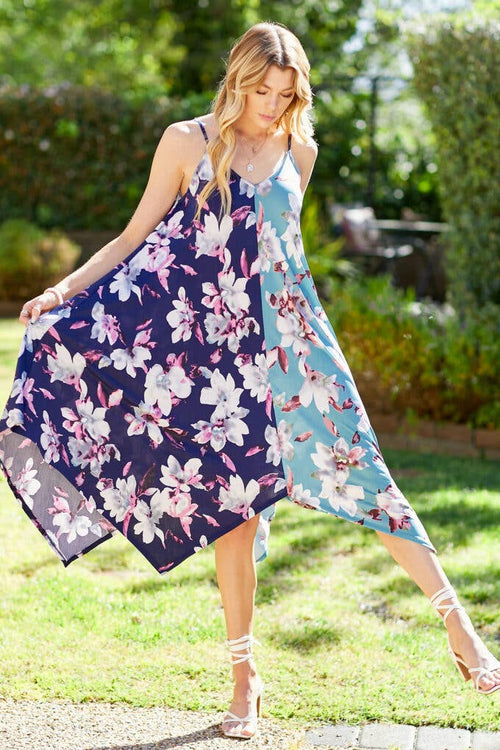 Shopin LA - SPD7002 - WOMEN FLORAL COLOR BLOCK SLEEVELESS DRESS