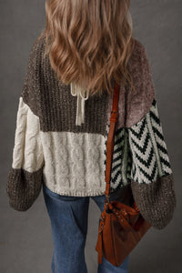 Brown Colorblock Patchwork Knotted Back Loose Fit Sweater