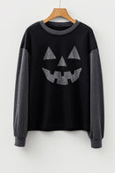 Black Halloween Rhinestone Pumpkin Contrast Ribbed Patchwork Top