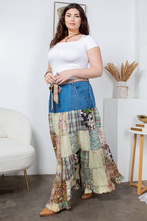 Young Threads - Western Boho Chic: Patchwork Belted Skirt  (New Color)