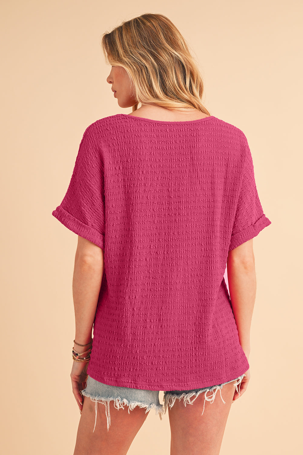 Bright Pink Textured Rolled Short Sleeve V Neck Blouse