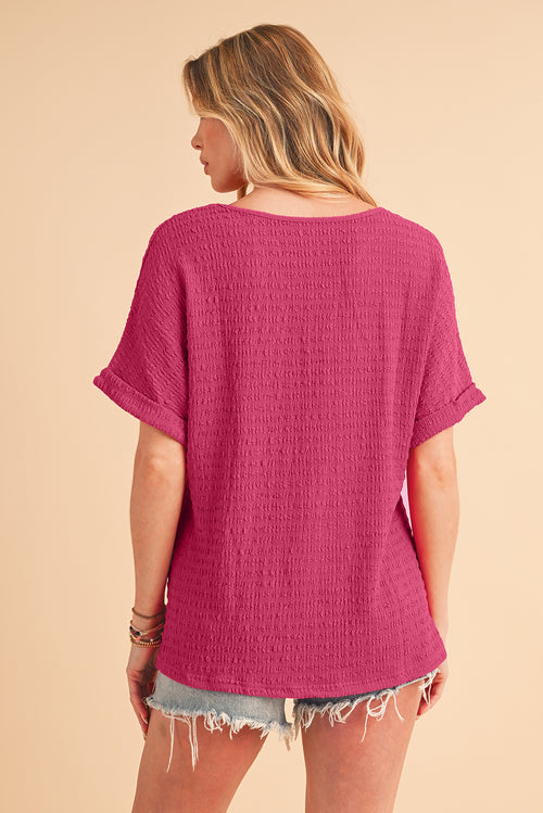 Bright Pink Textured Rolled Short Sleeve V Neck Blouse