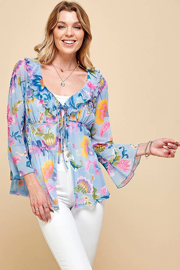 Shopin LA - .ST4069 - WOMEN MESH FLORAL TIE FRONT BELL SLEEVE TOP