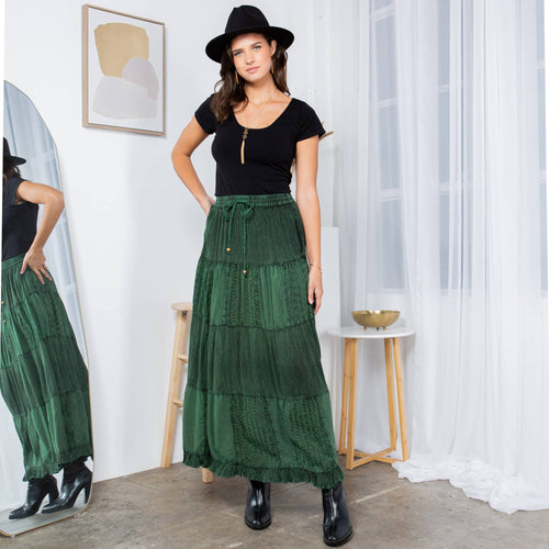 Young Threads - Retro Chic Crinkled Tiered Green Skirt With Mixed Embroidery Patch