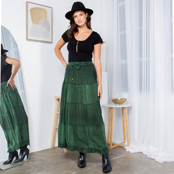 Young Threads - Retro Chic Crinkled Tiered Green Skirt With Mixed Embroidery Patch