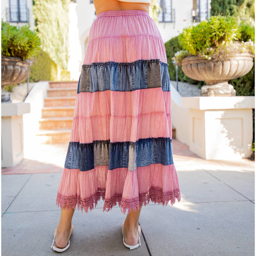 Young Threads - Women Long Tiered Western Skirt, Lined With Two Pockets