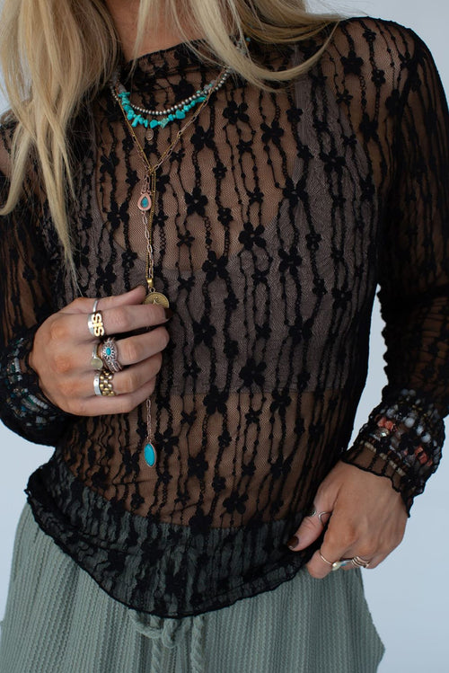 Black Sheer Floral Lace Long Sleeve Slim Fit Top