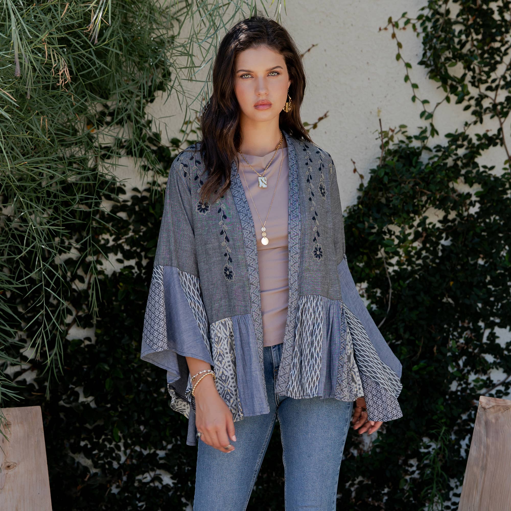 Young Threads - Printed Rayon Kimono Shrug with Embroidery (New Color)