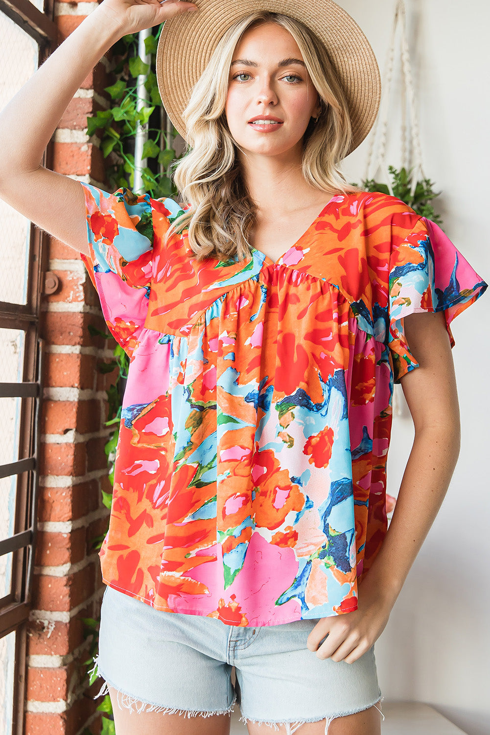 Sky Blue Boho Abstract Print V Neck Flutter Sleeve Blouse