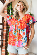 Sky Blue Boho Abstract Print V Neck Flutter Sleeve Blouse