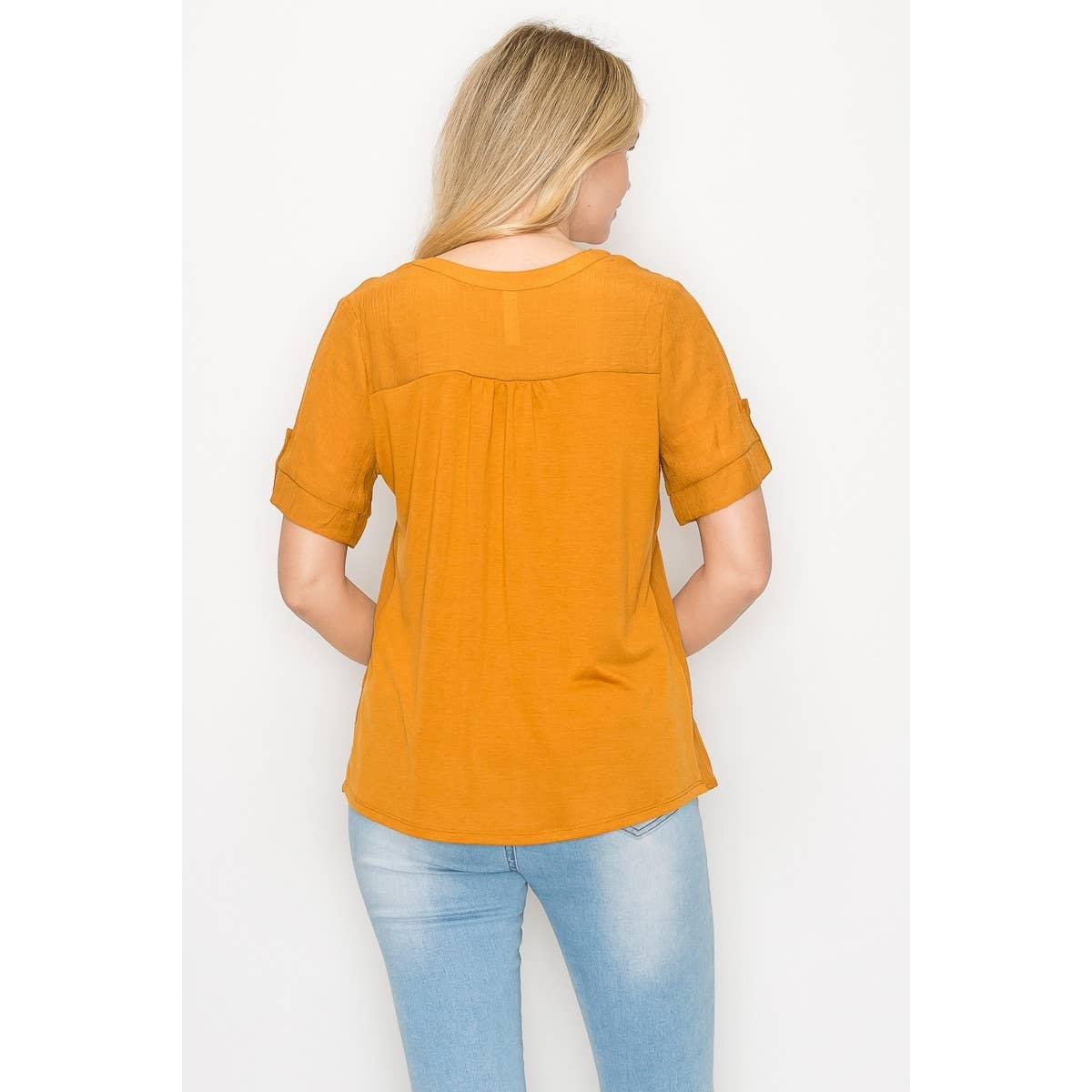 Perseption - Pintuck Front Roll Tab Short Sleeve Mandarin Shirt