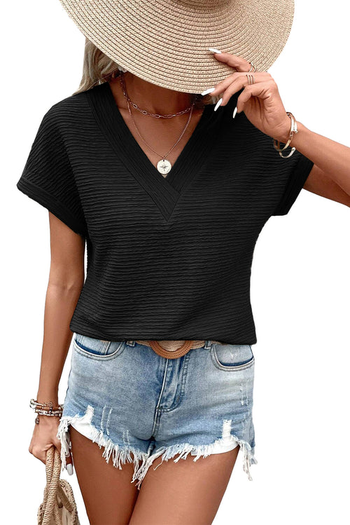 Pale Khaki Solid Color V-Neck Textured Blouse