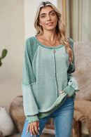 Orchid Petal Waffle Patchwork Raglan Sleeve Exposed Seam Sweatshirt