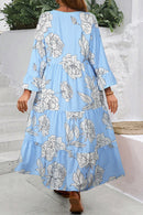 Sky Blue Floral Bell Sleeve V Neck Plus Size Tiered Maxi Dress