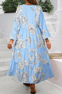 Sky Blue Floral Bell Sleeve V Neck Plus Size Tiered Maxi Dress