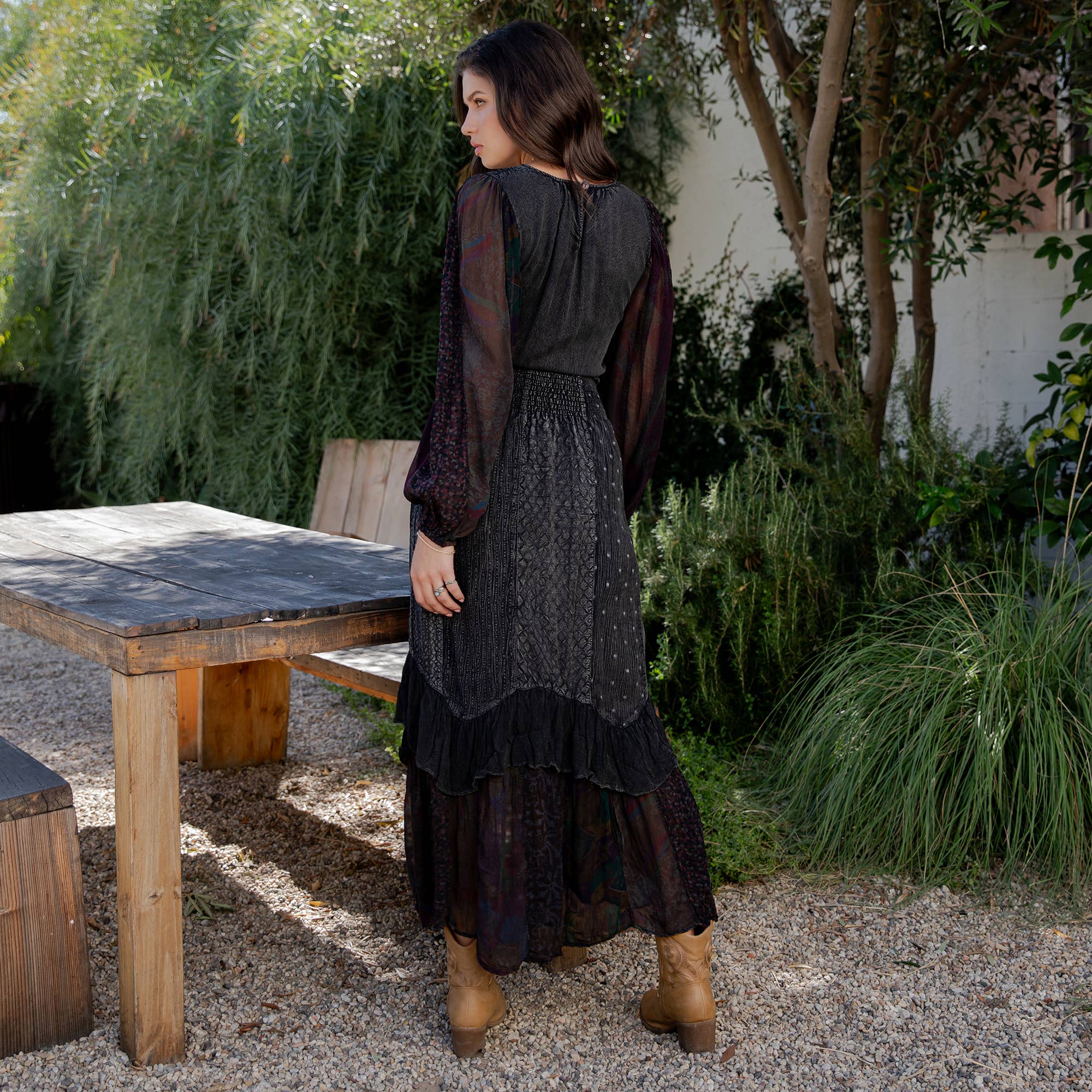Young Threads - Boho Embroidered Ruffle Maxi Smocked Dress with Sheer Sleeve