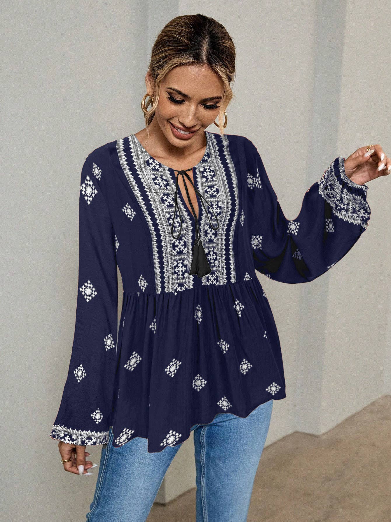 Hope & Sunshine - Boho Lantern Sleeve Tie-Neck Blouse