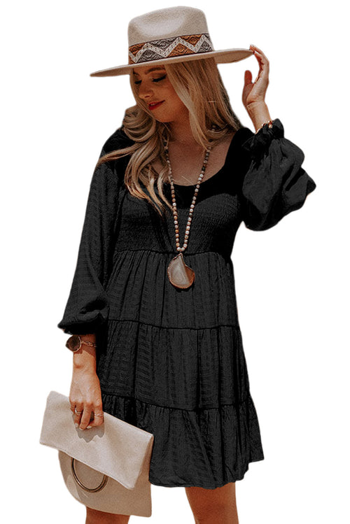 Brown Long Sleeve Smocked Tiered Boho Dress