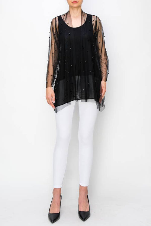 Origami Apparel ~  Lace and Crochet inspired - PEARL DETAILED MESH CARDIGAN OLS-4726 BLACK