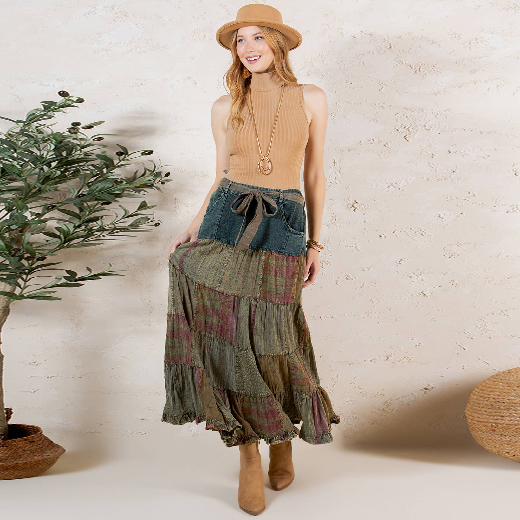 Young Threads - Western Boho Chic: Patchwork Belted Skirt  (New Color)