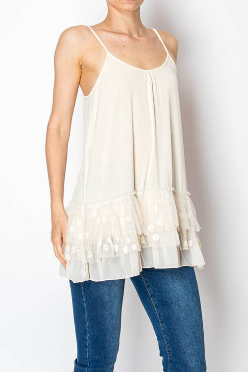 Origami Apparel ~  Lace and Crochet inspired - Adjustable Relaxed Cami Tank With Layered Ruffled Trim - T14 BEIGE