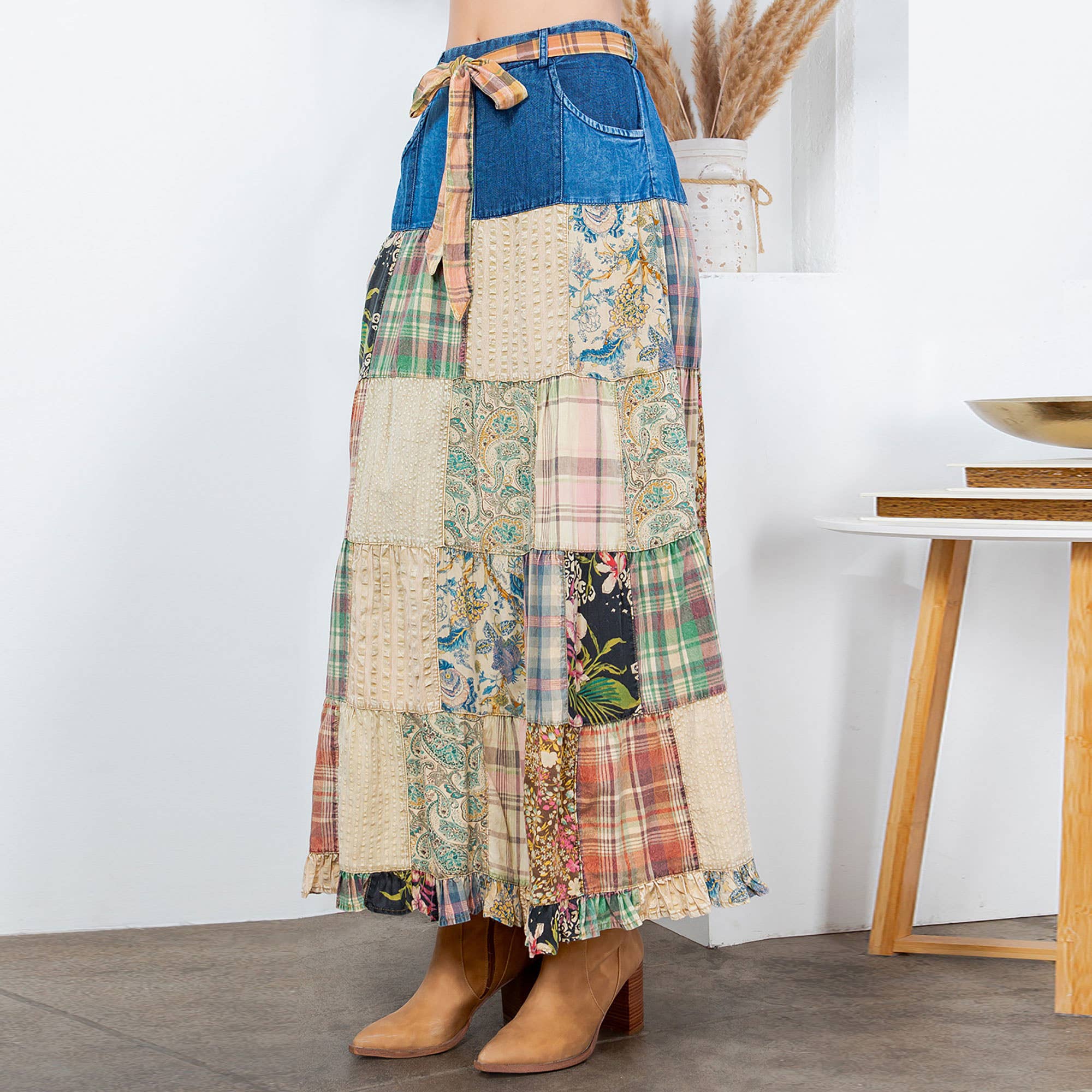 Young Threads - Western Boho Chic: Patchwork Belted Skirt  (New Color)