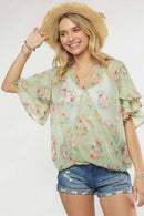Madelyn - LYT14199A-PRINTED CROSS OVER FLARE SLEEVE TOP