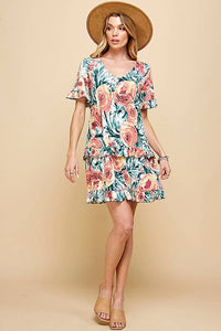 Shopin LA - SD21025-1011 - WOMEN FLORAL SHORT SLV MIDI DRESS WITH RUFFLE