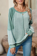 Orchid Petal Waffle Patchwork Raglan Sleeve Exposed Seam Sweatshirt