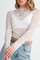 Black Sheer Floral Lace Long Sleeve Slim Fit Top