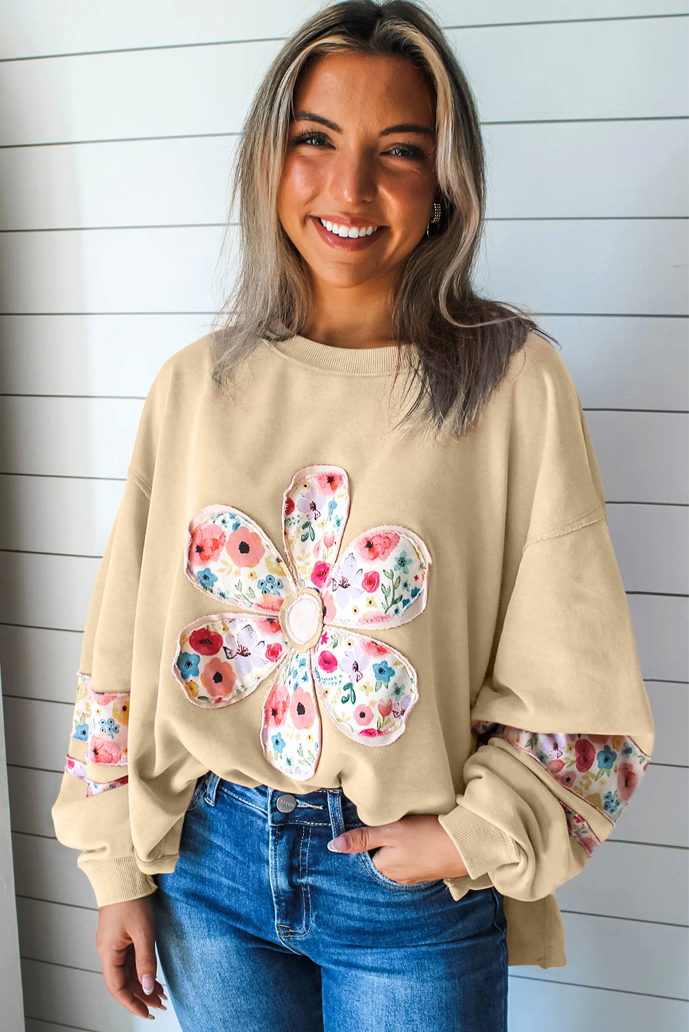 Peach Blossom Flower Applique Patchwork Drop Sleeve Pullover Sweatshirt