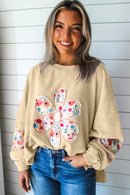 Peach Blossom Flower Applique Patchwork Drop Sleeve Pullover Sweatshirt