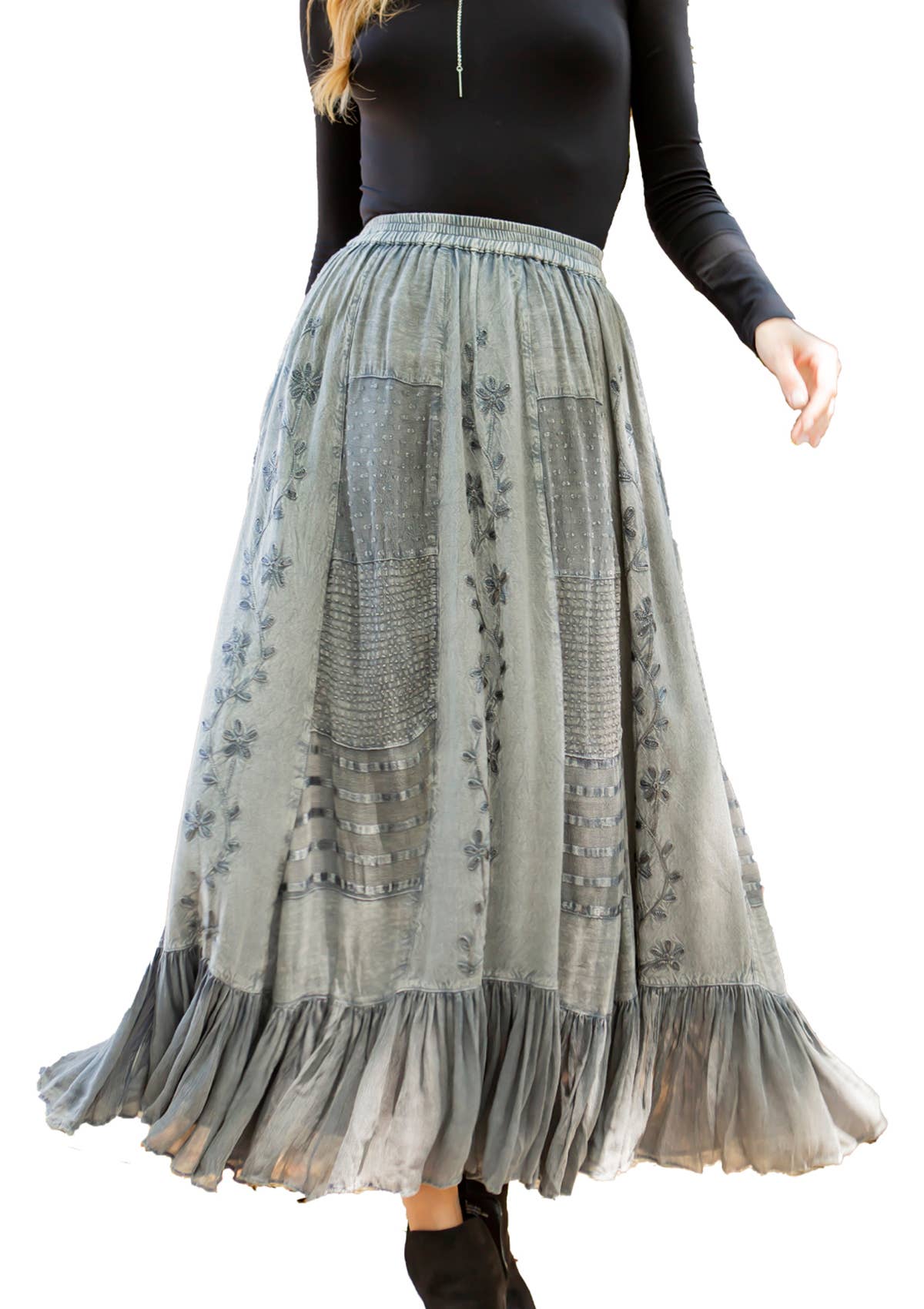Young Threads - Women Patchwork Embroidered Grey Maxi Skirt With Side Pockets